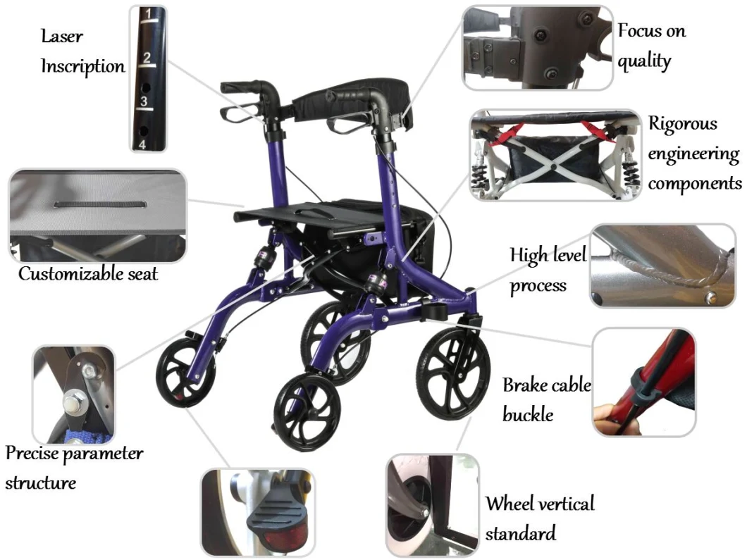 Front Wheel Detachable with a Push Button Aluminum Rollator for Walking Aid